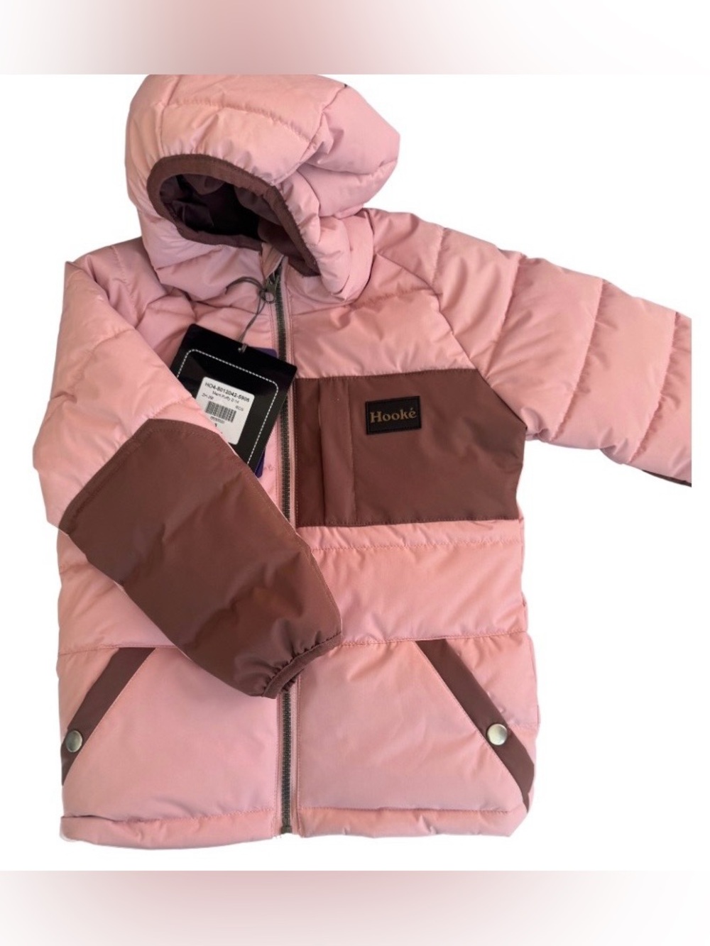 Kids Pink & Brown Colorblock Puffer Jacket with Hood Hooké